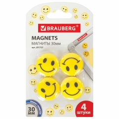 Набор магнитов для доски Смайлики BRAUBERG 30 мм, 4 шт., цвет: желтый