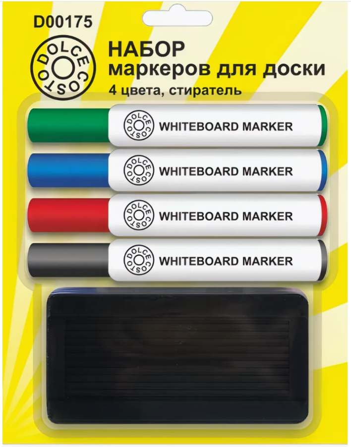 Набор маркеров для доски DOLCE COSTO, 4 цвета, стиратель в комплекте, 2-5 мм