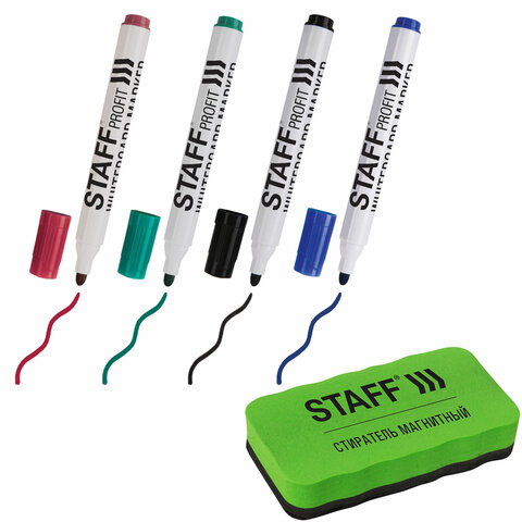 Набор для белой маркерной доски (магнитный стиратель + маркеры стираемые 4 штуки), STAFF \