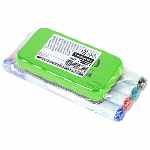 Набор для белой маркерной доски (магнитный стиратель + маркеры стираемые 4 штуки), STAFF \