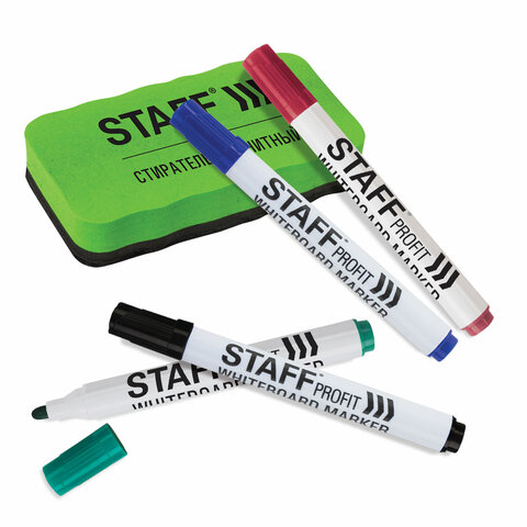 Набор для белой маркерной доски (магнитный стиратель + маркеры стираемые 4 штуки), STAFF \