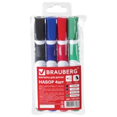 Маркеры для доски BRAUBERG SOFT, набор 4 шт., резиновая вставка, 5 мм (синий, черный, красный, зеленый)