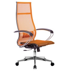 Кресло офисное МЕТТА К-7 хром, прочная сетка, сиденье и спинка регулируемые, оранжевое.