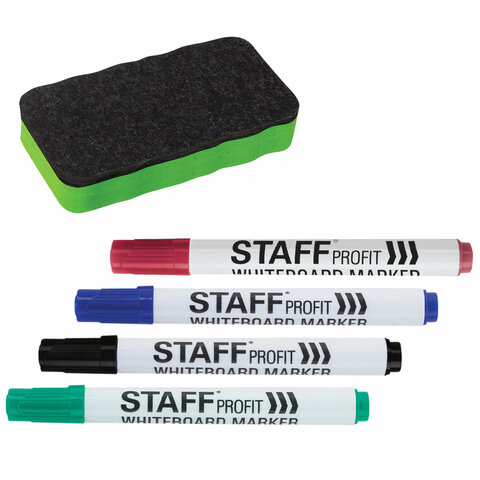 Набор для белой маркерной доски (магнитный стиратель + маркеры стираемые 4 штуки), STAFF \